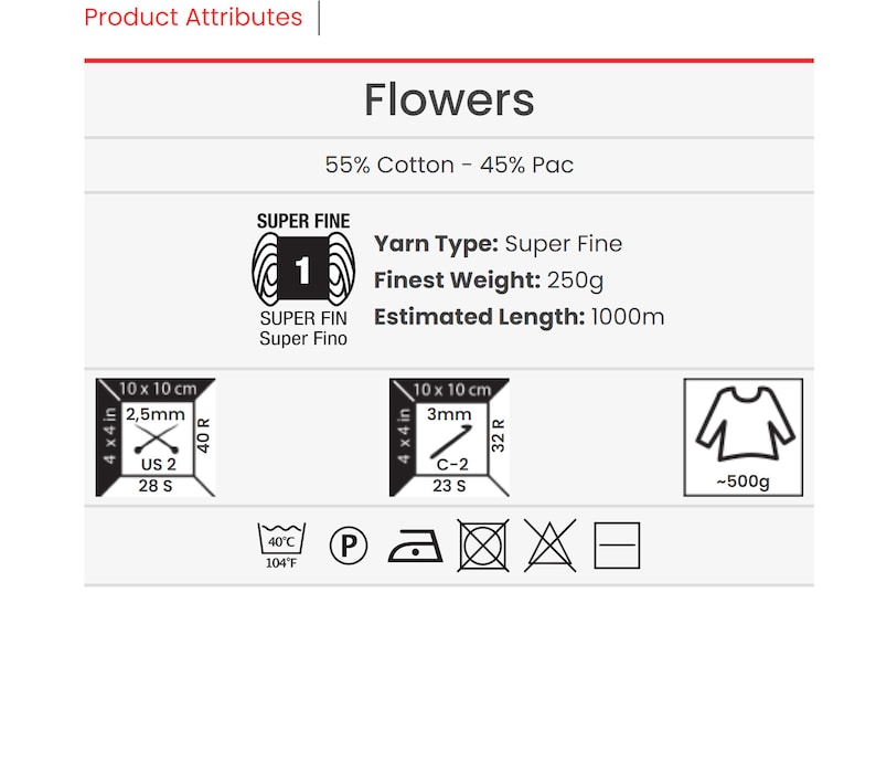 May include: A white label with black text and graphics showing the details of a yarn product. The yarn is 55% cotton and 45% acrylic. The yarn is super fine, weighs 250 grams, and is 1000 meters long. The label also includes care instructions, such as washing at 40 degrees Celsius and ironing at a low temperature.