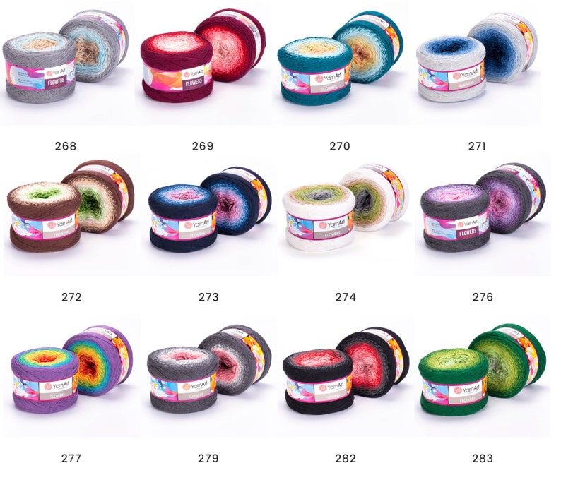May include: Assortment of 10 skeins of yarn in various color gradients. Each skein is labeled "YarnArt Flowers" and has a number from 268 to 283.