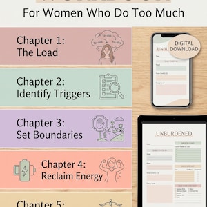 May include: A digital workbook titled Unburdened Workbook For Women Who Do Too Much, featuring five chapters with icons and text. The layout includes a smartphone and tablet displaying digital pages with checklists, mood trackers, and energy level logs.