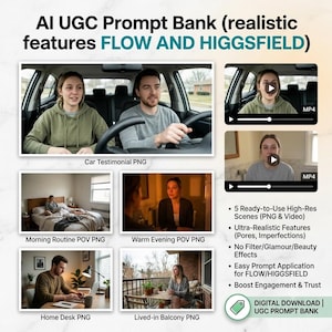 Puede incluir: Una colección digital titulada AI UGC Prompt Bank que presenta escenas realistas para Flow y Higgsfield. Incluye varios archivos PNG y de video que muestran personas en un coche, dormitorio, oficina y balcón, con texto detallado.
