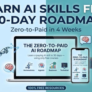 May include: A digital graphic featuring a laptop and smartphone displaying the text LEARN AI SKILLS FREE 30-DAY ROADMAP and THE ZERO-TO-PAID AI ROADMAP. Icons of brains, a robotic hand, and charts are present against a split light blue background.