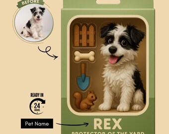 Personligt porträtt av husdjursactionfigur från foto, anpassad leksakslåda, digital nedladdning