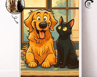Anpassat husdjursporträtt, konsttryck för hund och katt, personlig illustration, unik present till husdjursälskare