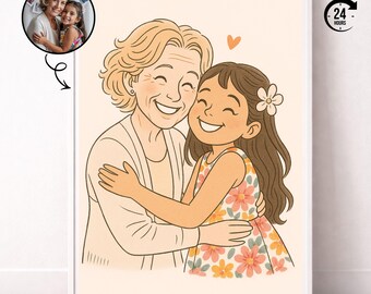 Anpassat porträtt av mormor och barnbarn, personlig familjeillustration, mors dag-present, digitalt konsttryck