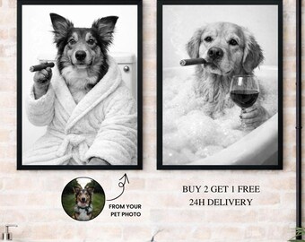 Anpassat hundporträtt i toaletten från foto, rolig badrumsväggkonst, svartvit hundkonst, digital nedladdning