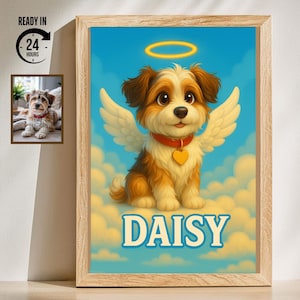 Pet Memorial Angel Portrait – Custom Dog or Cat with Wings and Halo, Pet Cartoon from photo, Pet Loss Memorial Portrait, Pet Memorial Gift