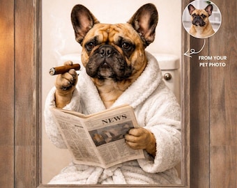 Anpassat hundporträtt i toaletten från foto, rolig hund som läser tidning, badrumsväggkonst, digital nedladdning