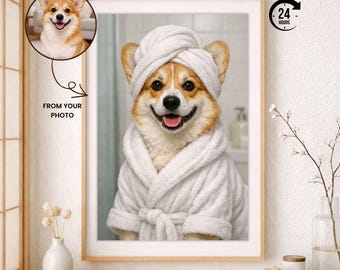 Anpassat hundporträtt från foto, rolig spahund i badrummet, personlig hundgåva, digital nedladdning