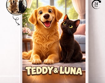 Anpassat tecknat husdjursporträtt, hund- och kattillustration (digital nedladdning)