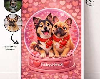 Anpassat Alla hjärtans dag-porträtt av husdjurspar, personlig konst för hundpar, romantisk snöglobsstil, från ditt husdjursfoto, digital nedladdning