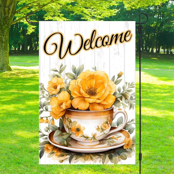 Welcome Flower Tea Cup Garden Flag, Spring Flag Yard Sign, Welcome Sign, 12x18 Garden Flag Sublimation Digital Design PNG, Commercial Use