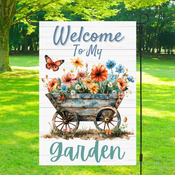 Welcome To My Garden, Garden Bench with Flowers, 12x18 Garden Flag Sublimation Design, Digital Design PNG, Commercial Use