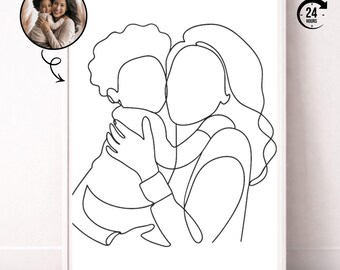 Anpassat ansiktslöst linjekonstporträtt, minimalistisk familjeteckning (digital nedladdning)