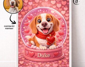 Anpassat husdjursporträtt från foto, Alla hjärtans dag-snöglob hund- och katttecknad film, personlig husdjurspresent, digital nedladdning