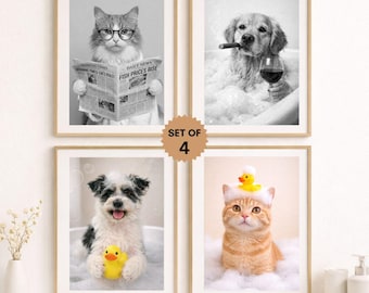 Anpassat porträtt av hund i toaletten, set med 4 från foto, rolig väggkonst i badrummet, personlig hundgåva, digital nedladdning