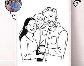 Anpassad familjeporträttlinjeteckning från foto, personlig minimalistisk konturteckning