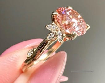 Round Cut Pink Moissanite Engagement Ring, 925 Sterling Silver, Leaf Design, Birthstone Gift