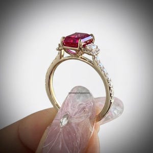 Emerald Cut Ruby Engagement Ring, 925 Sterling Silver, September Birthstone Gift