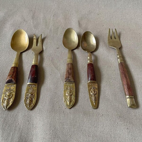 Couverts à Dessert Gml - Couteaux Et Fourchettes En Bois Et Bronze Annees 50