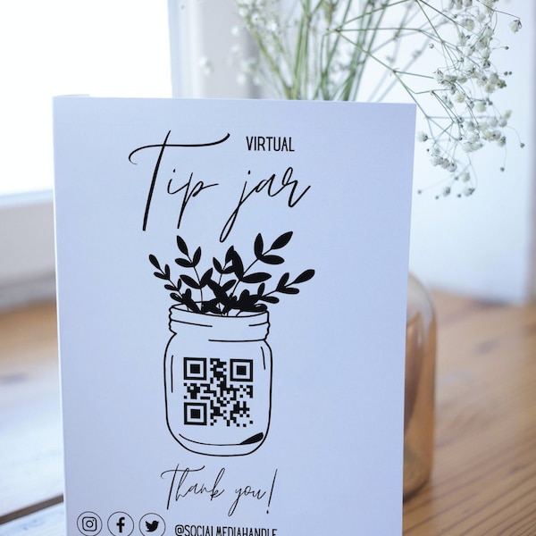 Virtual Tip Jar QR Code Mason Jar Tips Scan Here Small Business Bartender Tip Sign Modern Minimalist Wedding Venmo Tip Jar