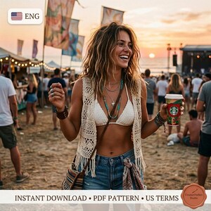May include: A cream-colored crochet vest featuring an intricate diamond pattern and fringe trim, worn over a white triangle bikini top with blue denim shorts. The vest is sleeveless with an open front design and a textured, hand-knitted appearance.