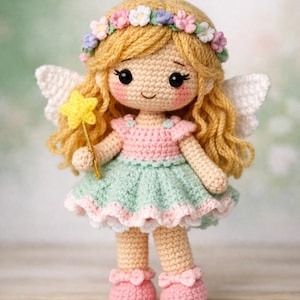 May include: A handmade crochet fairy doll with blonde curly hair, a floral crown, and white wings. The doll wears a pink and mint green dress and holds a yellow star wand. The doll is approximately 7 inches tall.