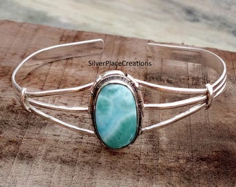 Handmade Larimar Cuff, Sterling Silver Bangle, Ocean Blue Gemstone