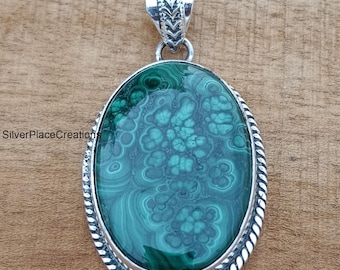 Handmade Malachite Pendant, Sterling Silver, Boho Healing Crystal Necklace