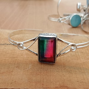 Handgjort armband i sterlingsilver med vattenmelon och turmalin, armband i röd ädelsten