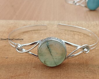 Handmade Prehnite Gemstone Sterling Silver Bangle, Boho Cuff