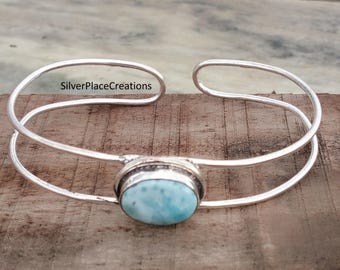Handmade Larimar Bangle, Sterling Silver Ocean Blue Gemstone Bracelet