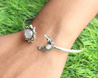 Design demi-lune, bracelet en argent sterling, opale, magnifique jonc jonc, pierre de lune, idée cadeau d'anniversaire, bijoux en argent pour femme