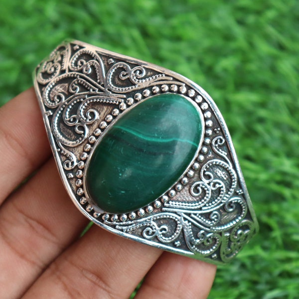 Malachite Bangle, 925 Silver Bangle, Cuff Bangle, Vintage Gemstone, Natural Malachite, Handmade Bangle, Charm Bangle, Anniversary Gift***