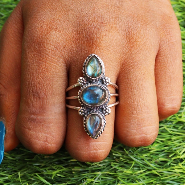 Three Stone Ring, Blue Fire Labradorite Ring, Triple Band Ring, Fashion Ring, Elegant Ring, Pretty Ring, Bridal Ring, Bohemian Ring***