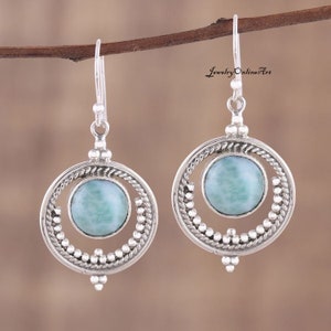 Larimar Earrings, 925 Silver Earrings, Round Larimar In Hoop Earrings, Natural Larimar, Dangle Earrings, Beautiful Small Hoops For Women***