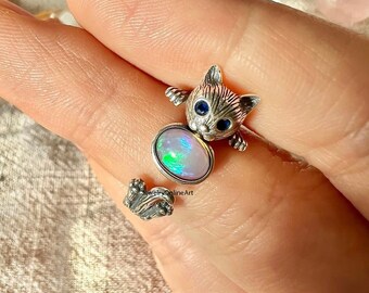 Ethiopian Opal Ring, Adjustable Ring, Sterling Silver Ring, Cat With Opal Ring, Handmade Ring, Unique Ring, Silver Jewelry, Ring For Women**