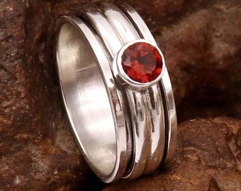 Round Cut Garnet Ring, spinner Ring, Natural Garnet, January Birthstone, Meditation Ring, Garnet Jewelry, everyday Ring, Unisex Ring****