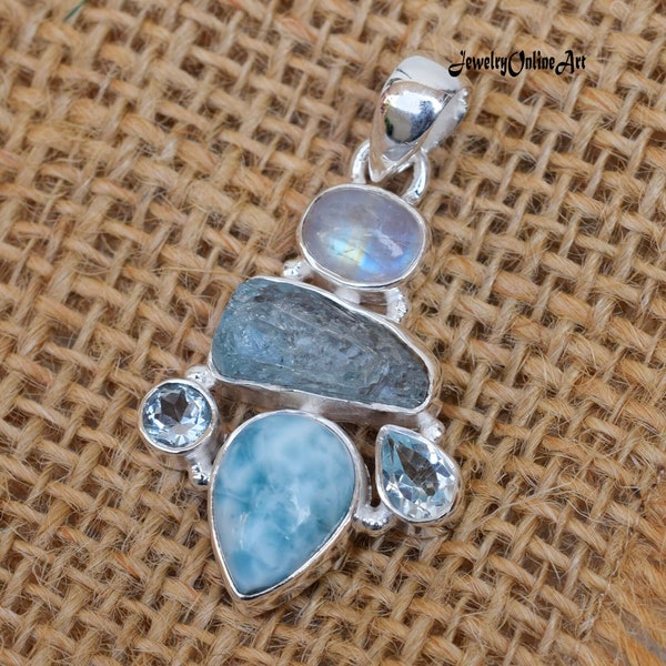 Five Stone Pendant, Moonstone Pendant, Aquamarine Pendant, Larimar Pendant, Cut Blue Topaz Pendant, Multi Stone Pendant, 925 Silver Pendant*