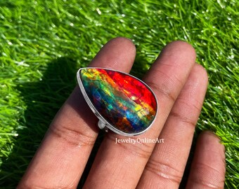 Rainbow Ammolite Ring Natural Ammolite 925 Silver Ring New