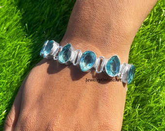 Cut Stone Bracelet, Swiss Blue Topaz Bracelet, 925 Silver Bracelet, Handmade Bracelet, Wedding Bracelet, Precious Bracelet, Boho Bracelet