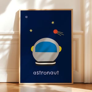 Impressão de astronauta | Para crianças, berçário, sala de jogos, quarto | Decoração de espaço de quarto infantil, tema de espaço de arte de parede infantil | Letra A impressa do alfabeto
