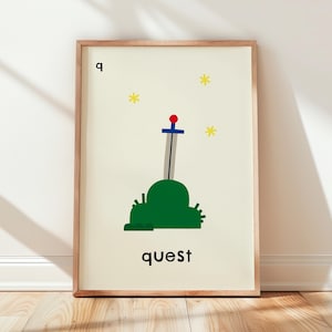 Impresión de Quest Adventure / Para guardería infantil, sala de juegos, dormitorio / Decoración de aventuras para habitación infantil, Arte mural de videojuegos para niños / Impresión del alfabeto con la letra Q