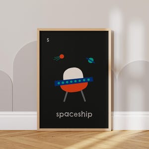 Impresión de nave espacial / Pared de guardería infantil, Decoración de sala de juegos, Arte de dormitorio / Decoración espacial de habitación infantil, Arte de pared infantil Tema espacial / Impresión de letra S
