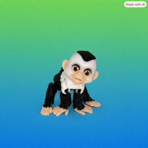 May include: A small figurine of a monkey with a white face, black ears, and a black patch on its head. The monkey has large, amber-colored eyes, a light-colored muzzle, and black limbs with light-colored hands and feet, posed in a crouching position.
