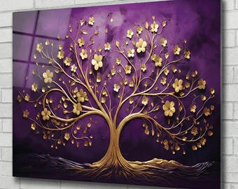 Midnight Midas - Árbol Dorado Cuadro Vidrio Morado Lujo Impresión Templada