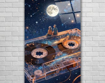 Moonlight Rewind - Arte de Pared en Vidrio Templado, Impresión UV Retro, Regalo Romántico, Pareja Amante de la Música