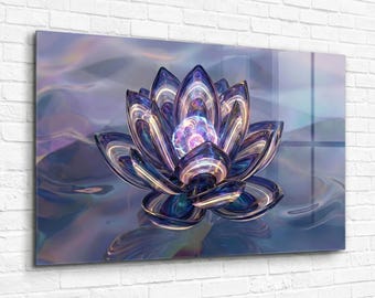 Luminous Lotus  - Cuadro Vidrio Templado Flor Loto Abstracto 3D Morado Decoración Espiritual Gran Salón