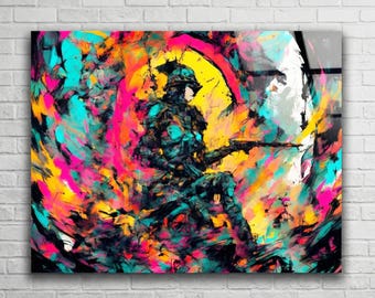 Neon Bushido - Arte Vidrio Mujer Samurái Abstracta, Impresión Guerrera Neón, Decoración Moderna