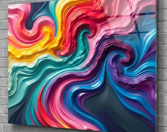 Liquid Rhapsody - Cuadro Vidrio Templado Abstracto Colorido, Arte Pared 3D, Decoración Salón Moderna, Impresión Digital