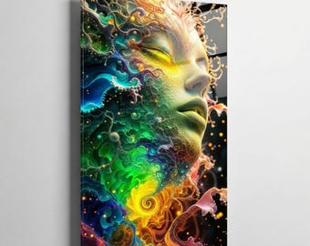 Cosmic Awakening - Cuadro Vidrio Templado Psicodélico Arte Surrealista Cara Abstracta Decoración Pared Moderna Regalo Colorido